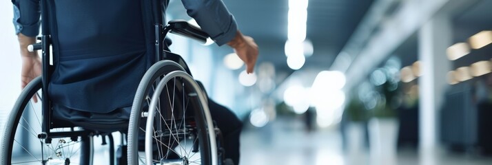 Poster - Rear view of a person in a wheelchair navigating through a hallway. Focus on accessibility and mobility.