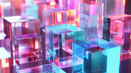 Poster - Layered 3D shapes with neon lights and transparent surfaces, creating a technological vibe.