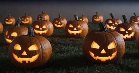 Poster - A row of pumpkins with their faces lit up