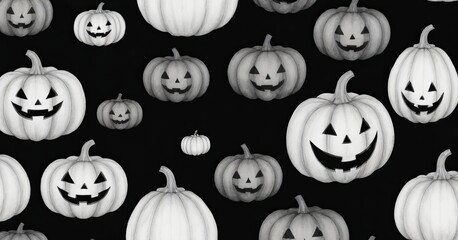 Poster - A black and white image of many pumpkins with their faces on them