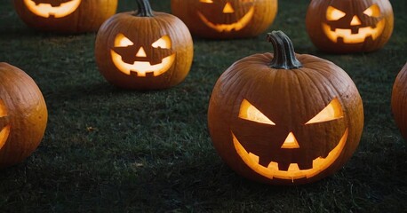 Poster - A row of pumpkins with their eyes open and mouths wide open