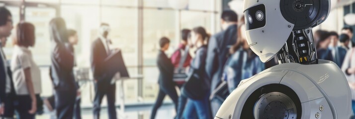 Poster - Robot standing among people in a busy office environment, representing the integration of AI in workplaces. The scene showcases the coexistence of humans and technology.
