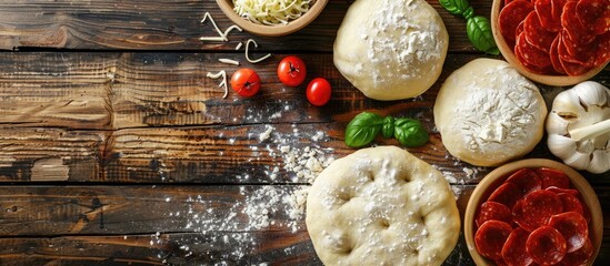 Poster - Ingredients for making pizza including dough cheese pepperoni with space for adding a copy space image