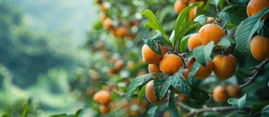 Leinwandbilder - Lush green trees with loquat fruits ripening providing a serene backdrop in the orchard setting with a copy space image