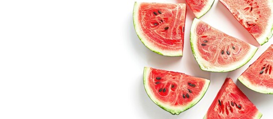 Leinwandbilder - Freshly sliced red watermelon displayed in a close up shot on a white background providing ample copy space for text