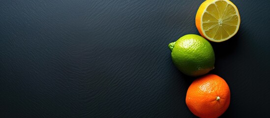 Poster - Top down view of lime orange and lemon on a black background offering copy space image without any Photoshop alterations