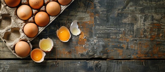 Aufkleber - Top view of raw broken egg and hen eggs in an egg carton with copy space image
