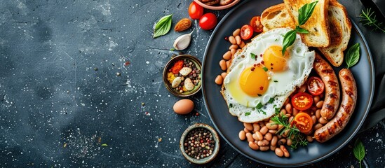 Poster - A classic English breakfast with eggs sausages toast beans herbs and spices on a grey ceramic plate presented on a dark concrete backdrop with copy space image