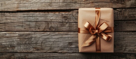 Leinwandbilder - Gift wrapped in simple brown paper with a ribbon and bow set against a backdrop of weathered wooden boards allowing for a copy space image