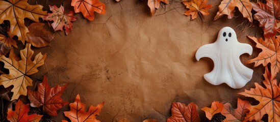 Aufkleber - Halloween Fall Border featuring fall leaves bordering a ghost on a brown backdrop with copy space image