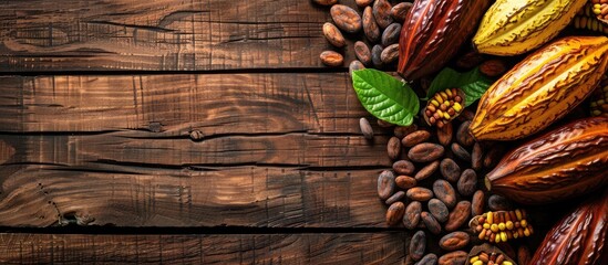 Leinwandbilder - Wooden table displaying cocoa pods and beans with available copy space for text