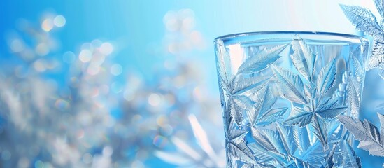 Fototapete - Nature background image with frosty ice designs on glass against a vibrant blue sky suitable for cool drink product promotions featuring copy space