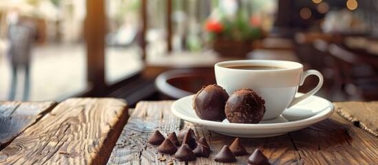 Fototapete - Coffee and chocolate truffle on a wooden table with a restaurant menu in the background perfect for breakfast in the cafe with copy space image