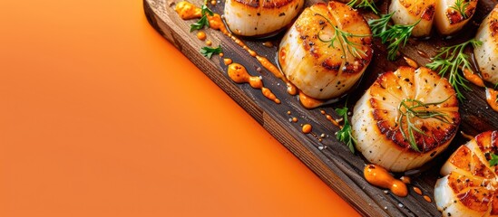 Wall Mural - Top view of seared scallop fillets beautifully presented on a wooden board against an orange background with ample copy space image