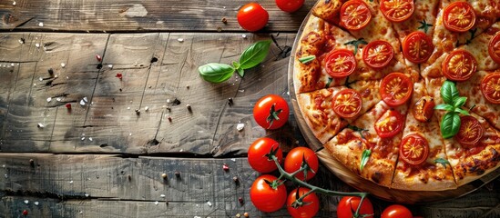 Poster - A mouthwatering pizza topped with cherry tomatoes on a rustic wooden table perfect for a copy space image