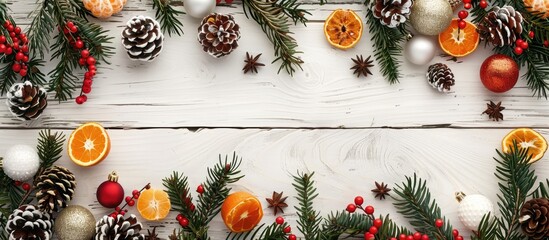 Poster - Festive holiday backdrop with Merry Christmas ornaments like branches balls cones tangerines and decorations arranged on a white wooden surface with space for text or images. with copy space image