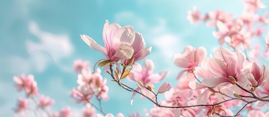 Fototapete - Close up image of stunning Japanese magnolia flowers against a blue sky backdrop showcasing the tree s blossoms with copy space