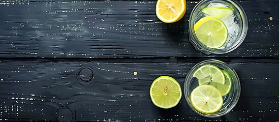 Aufkleber - Top view of two glass glasses with homemade lemonade made from lime and lemon placed on a rustic black wooden surface providing copy space image