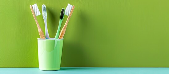 Poster - Toothbrushes and holder placed on a green background welcoming text with a copy space image available for customization