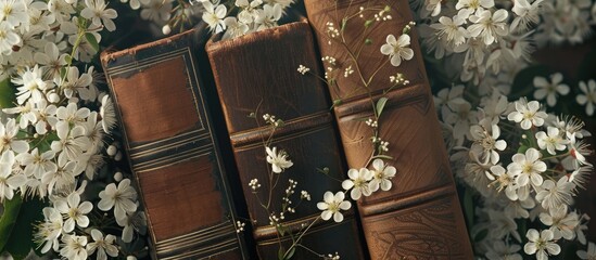 Poster - Book cover featuring a vintage design adorned with delicate white flowers creating an elegant and charming aesthetic ideal for presenting text or images in a copy space image