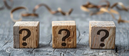 Aufkleber - Three wooden cubes with question marks on a grey background with a copy space image