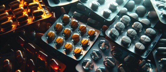 Poster - A collection of medications and supplements in blister packs against a dark backdrop with room for text or graphics Depicts a health and pharmaceutical theme Focus on a specific area