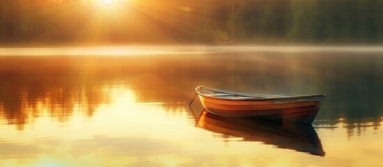 Poster - A boat is seen on a sunset lit lake with a blurred effect and soft focus caused by a slow shutter speed in a photograph with copy space image