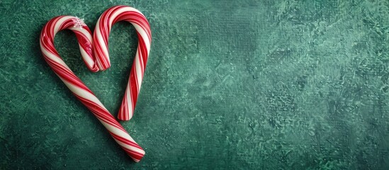 Fototapete - Christmas candy cane heart on green background with copy space image viewed from the top symbolizing love for Valentine s Day ideal for New Year and Christmas cards