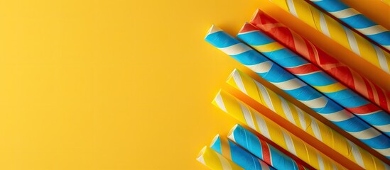 Poster - Vibrant paper straws against a yellow backdrop with available space for adding text in the image. with copy space image. Place for adding text or design