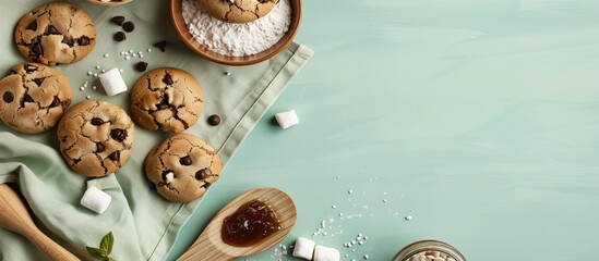 Aufkleber - Homemade cooking concept with chocolate chip cookies marshmallows recipe book marmalade wooden spoon on light green background copy space image available
