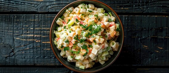 Poster - Top down view of a homemade Olivier salad in a bowl on a black wooden surface Ample copy space available in the image for additional text or graphics