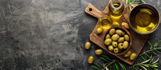 Aufkleber - Olives and olive oil in bowls displayed on a cutting board with a top down view suitable for adding text or images on the blank space. with copy space image. Place for adding text or design