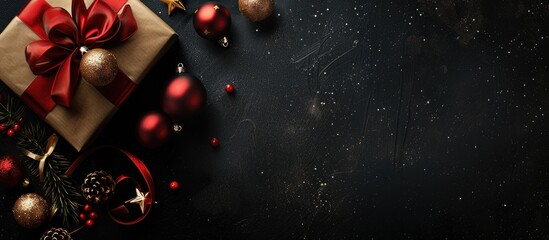 Poster - Top view of a festive banner design featuring a gift box Christmas balls and a dark black background with ample copy space image