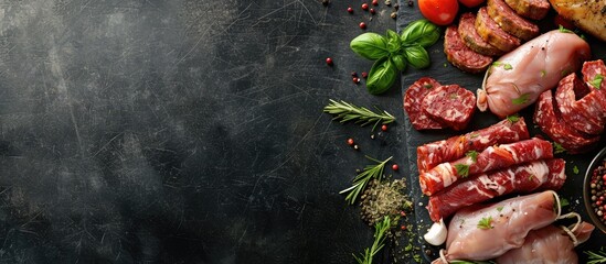 Aufkleber - Top view of assorted seasoned raw meats on a dark backdrop with ample copy space image