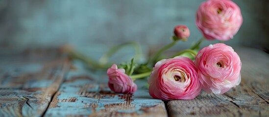 Poster - Curly pink Persian buttercup ranunculus displayed on a wooden table with copy space image available