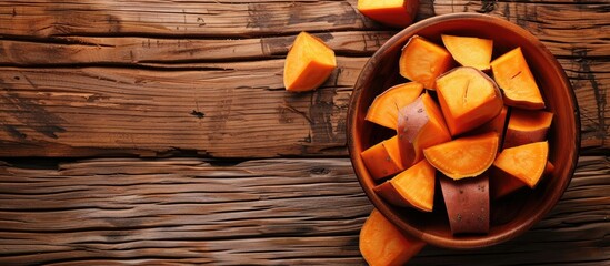 Aufkleber - Wooden background enhances the visual appeal of bowls with delicious cooked sweet potato in image with copy space