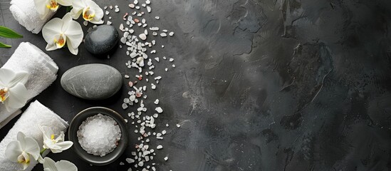 Poster - Spa treatments featuring sea salt hot stones a towel and an orchid on a calming background with copy space image