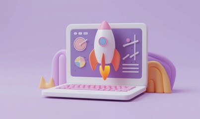 Poster - Innovative Technology Concept Laptop with Rocket on Purple Background Symbolizing Business Success and Digital Advancement