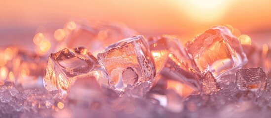 Fototapete - Selective focus on numerous transparent ice cubes on a bright backdrop with room for text within the copy space image