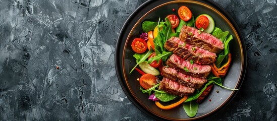 Aufkleber - Fried steak slices served with veggies on a plate with a generous copy space image for presentation