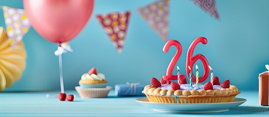 Aufkleber - Colorful birthday background with decorations festive garlands pies muffins and gift boxes on a copy space image featuring number 26 candles