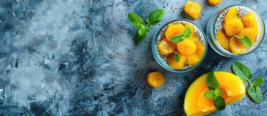 Poster - Chia pudding with yellow fruits and mint on a light rustic tabletop Ideal for a copy space image