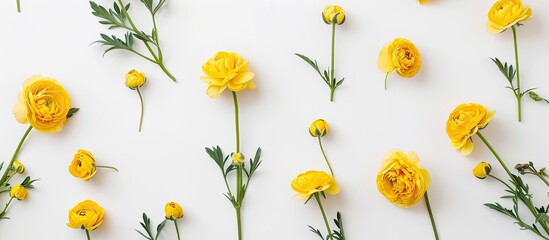 Wall Mural - Yellow flowers on a white backdrop in a creative layout evoking summer vibes ideal for a flat lay view with ample copy space image