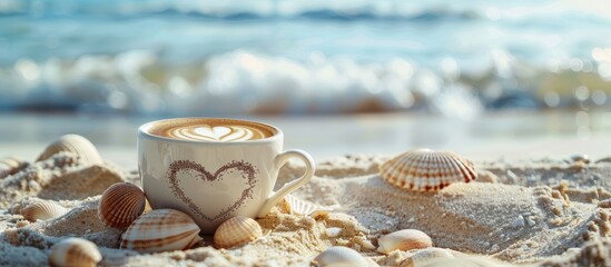 Wall Mural - Cappuccino cup with a heart symbol shells and bottle on sandy beach in a copy space image