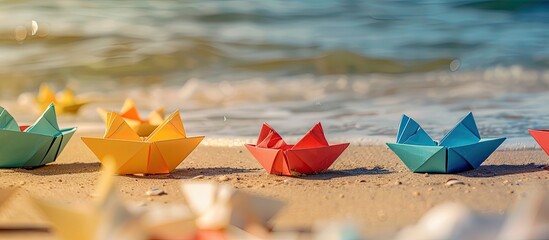 Poster - Paper boats of various colors arranged on the sandy beach near the sea with copy space image