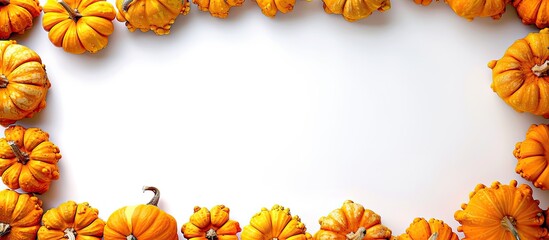 Wall Mural - A Halloween themed arrangement with a frame of tiny pumpkins on a white background offers space for additional text or images