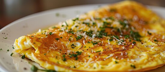 Wall Mural - Close up image of a gourmet omelet garnished with cheese on a white plate with copy space image