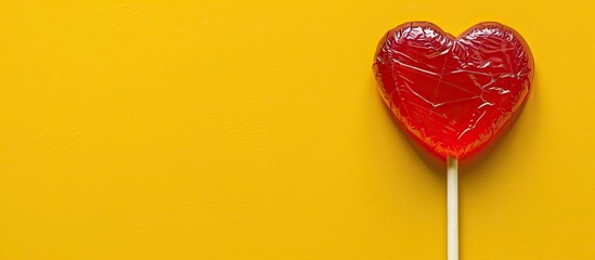 Wall Mural - Top view of a heart shaped lollipop for Valentine s day on a yellow background with copy space image available