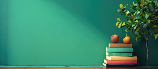 Aufkleber - Vibrant books on a table with a green wall backdrop providing copy space for text Reflects an education theme ideal for back to school content