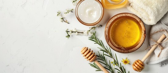 Fototapete - Delicate skincare and aromatic therapy are featured in a spa set with honey showcased in a top view white background image with copy space available